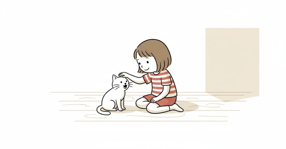 朝のさわやかな光が差し込む静かな部屋。若い女性の飼い主が床に座り、彼女を見上げる猫が口を大きく開けて一生懸命に鳴く仕草をしているが、声は聞こえない。猫の目は飼い主を信頼しきっており、飼い主は猫の頭を優しく撫でようとしている。サイレントニャーの神秘的な愛情表現を感じさせる、穏やかで感動的な雰囲気の構図。