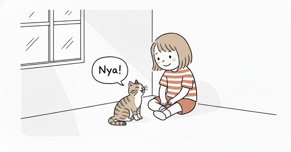 静かな部屋で、窓から光が差し込み、人間の女性が座って優しく微笑んでいる。彼女の足元には、短い毛のキジトラ猫が上を見上げて「ニャー」と鳴いている。猫の口元から、文字として「Nya」という吹き出しが日本語で浮かんでいる。背景はシンプルで清潔感があり、猫と人間が向き合っている構図。