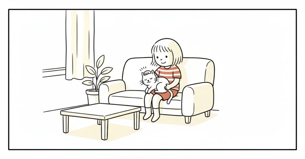 落ち着いたリビングで、朝のさわやかな光が差し込んでいる。ソファに寄り添って座る飼い主と、その膝の上で穏やかに寄り添う猫。飼い主は優しく猫の毛を撫でており、猫は目を閉じて喉を鳴らしているかのように見える。二人の間に静かで深い愛情と信頼が流れる瞬間を捉え、心地よい一体感が表現された構図。