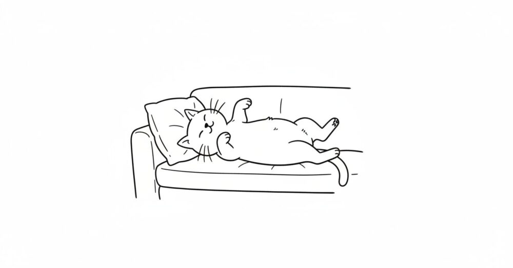 明るいリビングのソファの上で、猫がお腹を天井に向けて、四肢を投げ出して完全に無防備に眠っている姿。口元はわずかにゆるみ、腹部のふわふわの毛が呼吸に合わせてかすかに上下している。猫が心からリラックスしきっている様子が伝わる、愛らしく、見る人を笑顔にするような構図。