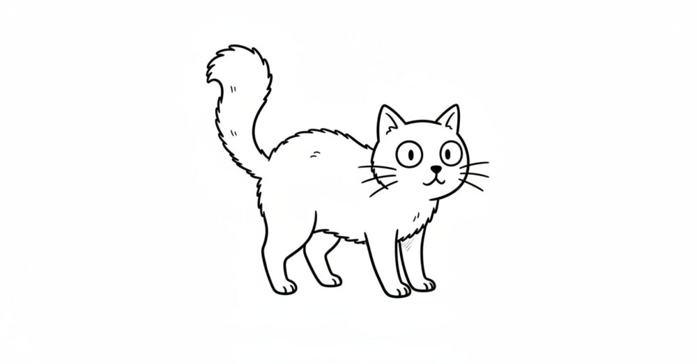 突然大きな音がした瞬間の瞬間。猫は背中を丸め、毛を逆立て、しっぽ全体が「ブワッ」と倍以上の太さに膨らんでいる。瞳は驚きと警戒で大きく見開かれ、威嚇のポーズを取っている。ダイナミックで少しコミカルながらも、猫の防御本能が伝わる構図。