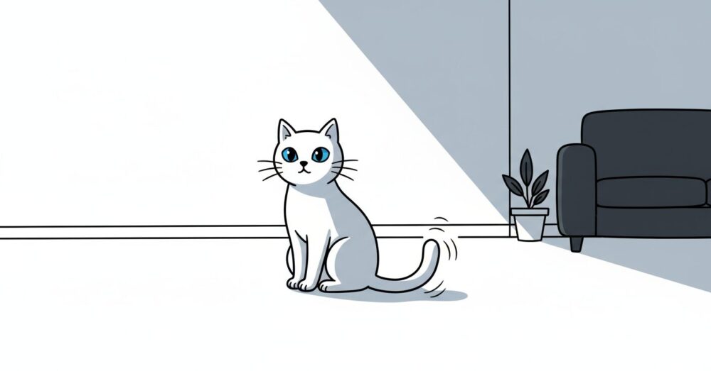 夜、月明かりが差し込む静かなリビングルーム。一匹の猫が、誰もいないはずの壁の一点を見つめている。そのしっぽはゆっくりと、しかし一定のリズムで静かに揺れている。猫の瞳は深い青色で、まるで何か見えないものと対話しているかのようだ。部屋の空気は静かで、少しだけ神秘的な雰囲気が漂い、猫の不思議な魅力が際立つ構図。猫のしっぽが、静かに光を反射している様子も描く