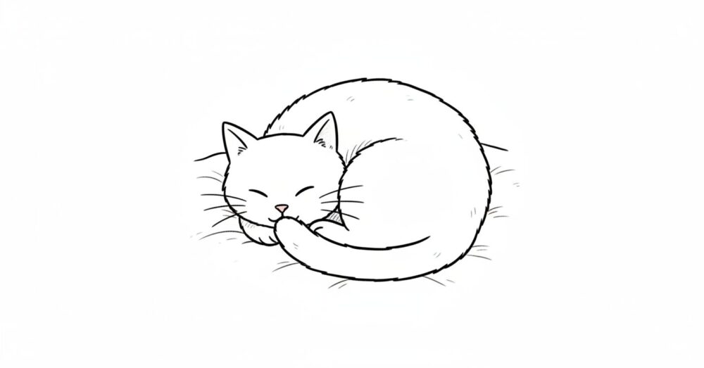 猫が、柔らかい毛布の上に体をアンモナイトのようにくるんと丸めて深く眠っている様子。湿った鼻先は自分の尻尾の中にうずめられ、わずかに見える顔は安らぎに満ちている。クローズアップで、猫の丸さが伝わってくるような温かい構図。