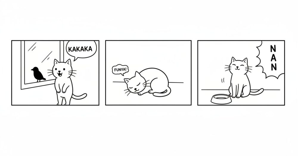 3つの小さなコマ割りのようなイメージで、異なる猫のシチュエーションを描写。それぞれのコマには、その鳴き声を表す日本語の文字を吹き出しで配置。1. 窓の外を凝視し、口を「KAKAKA」と動かす猫。背景には鳥のシルエット。2. 丸まって眠る猫が、小さな寝言の吹き出し「FUNYA!」を出している。3. 空っぽの餌皿の前で、飼い主に向かって力強く「NAAAN!」と鳴いている猫。これらのコマを横に並べ、猫の多様な感情を一覧で示す構図。