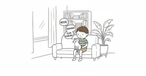 朝のさわやかな光が差し込むリビングで、ソファに座る飼い主の膝の上で、猫が愛おしそうに上目遣いで「ニャー」と鳴いている。猫の口元には、様々な鳴き声のバブル（「NYA！」「NAAAN！」「KUN」「KURURU」など）が浮かんでいるイメージ。飼い主は猫の頭を優しく撫でており、二人の間に深い絆が感じられる。背景には本棚や観葉植物があり、穏やかな家庭の雰囲気が伝わるような構図。