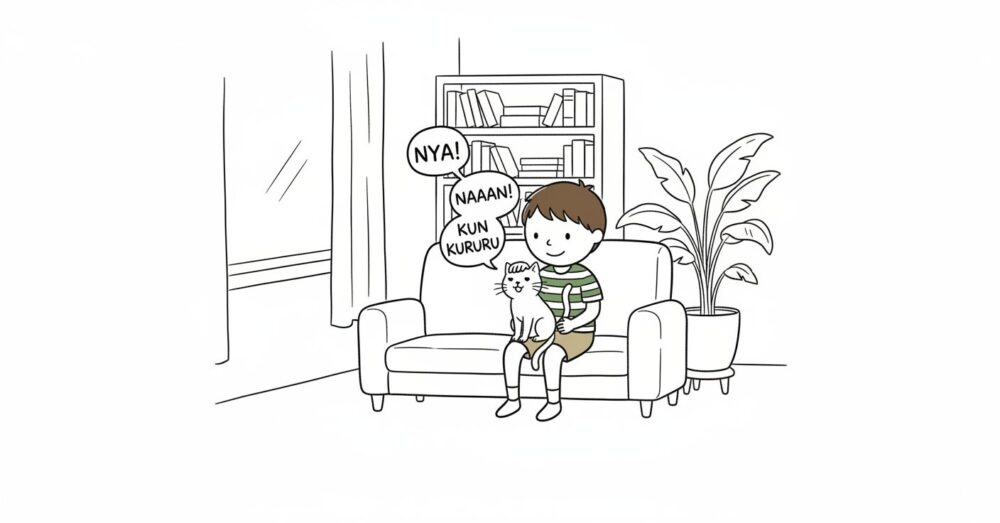 朝のさわやかな光が差し込むリビングで、ソファに座る飼い主の膝の上で、猫が愛おしそうに上目遣いで「ニャー」と鳴いている。猫の口元には、様々な鳴き声のバブル(「NYA!」「NAAAN!」「KUN」「KURURU」など)が浮かんでいるイメージ。飼い主は猫の頭を優しく撫でており、二人の間に深い絆が感じられる。背景には本棚や観葉植物があり、穏やかな家庭の雰囲気が伝わるような構図。