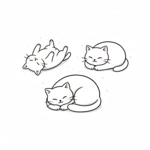 眠る猫たちの様子。手前には体を丸めて眠る猫、奥にはお腹を出して仰向けに眠る猫、さらにその横には香箱座りでじっと座る猫。光に透ける埃がキラキラと舞い、全体的に暖かく穏やかな雰囲気に包まれている。猫たちの表情は安らかで、見る人に癒やしを与えるような構図。