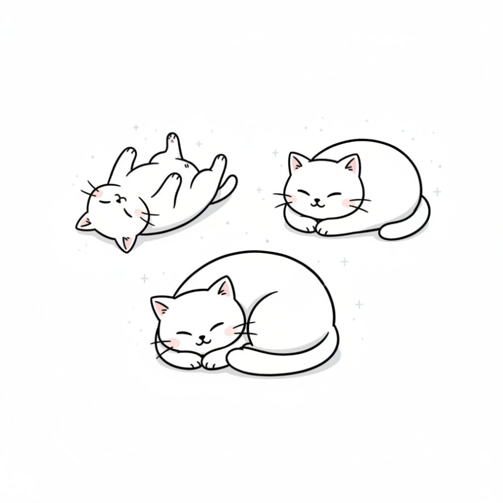 眠る猫たちの様子。手前には体を丸めて眠る猫、奥にはお腹を出して仰向けに眠る猫、さらにその横には香箱座りでじっと座る猫。光に透ける埃がキラキラと舞い、全体的に暖かく穏やかな雰囲気に包まれている。猫たちの表情は安らかで、見る人に癒やしを与えるような構図。