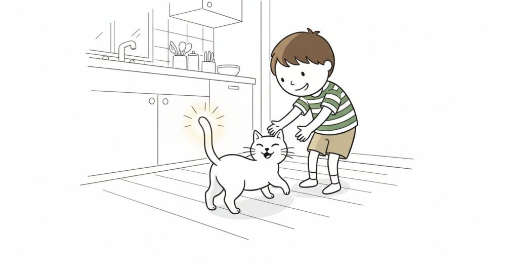 明るいキッチンで、飼い主が帰宅した瞬間に、一匹の猫が喜びでしっぽをピンと垂直に立て、先端を少しゆらゆらさせながら飼い主の足元に駆け寄っている。猫の表情は満面の笑みで、飼い主を見上げている。猫のしっぽが光に照らされて際立っている。猫と飼い主の再会と愛情を表現する、幸せいっぱいの瞬間。
