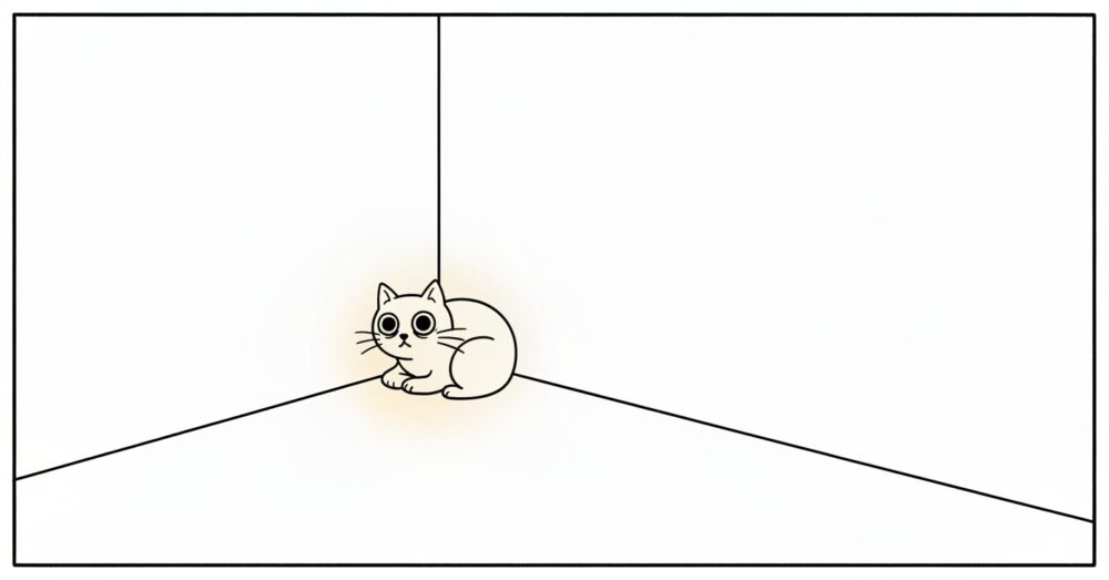 匹の怯えた猫が体を小さく丸め、しっぽを股の間にしっかりと巻き込んで見えなくしている。猫の目は不安で大きく、耳は伏せられている。猫が助けを求めているかのような寂しさを表現。