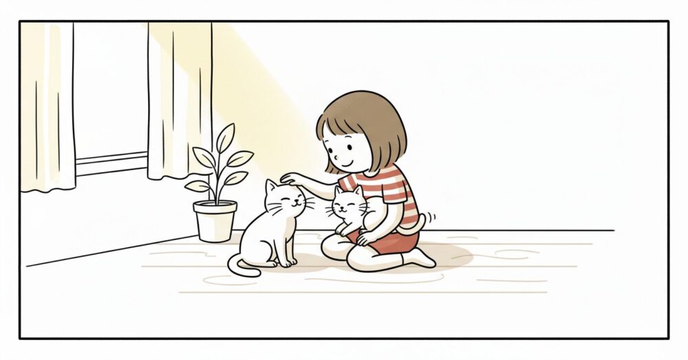 窓から柔らかな光が差し込む穏やかなリビングルーム。飼い主が床に座り、その膝の上に寄り添うように座る白猫。猫は目を閉じ、穏やかな表情で、しっぽが飼い主の腕に軽く触れている。飼い主は猫の頭を優しく撫で、二人の間には言葉以上の深い愛情と信頼が流れている。猫のしっぽの動きが、二人の心の会話を象徴するように描かれている。温かく、心温まる瞬間。